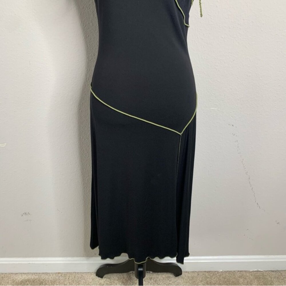 NWT Maxi Studio Black With Green Piping & Shoulder Bow Asymmetrical Midi Dress - Picture 8 of 14